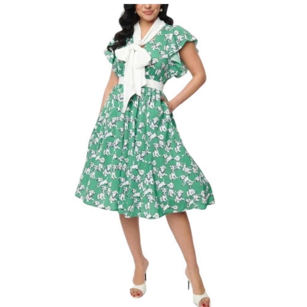 NEW Unique Vintage Green Dog Print Swing Retro Rockabilly Midi Dress